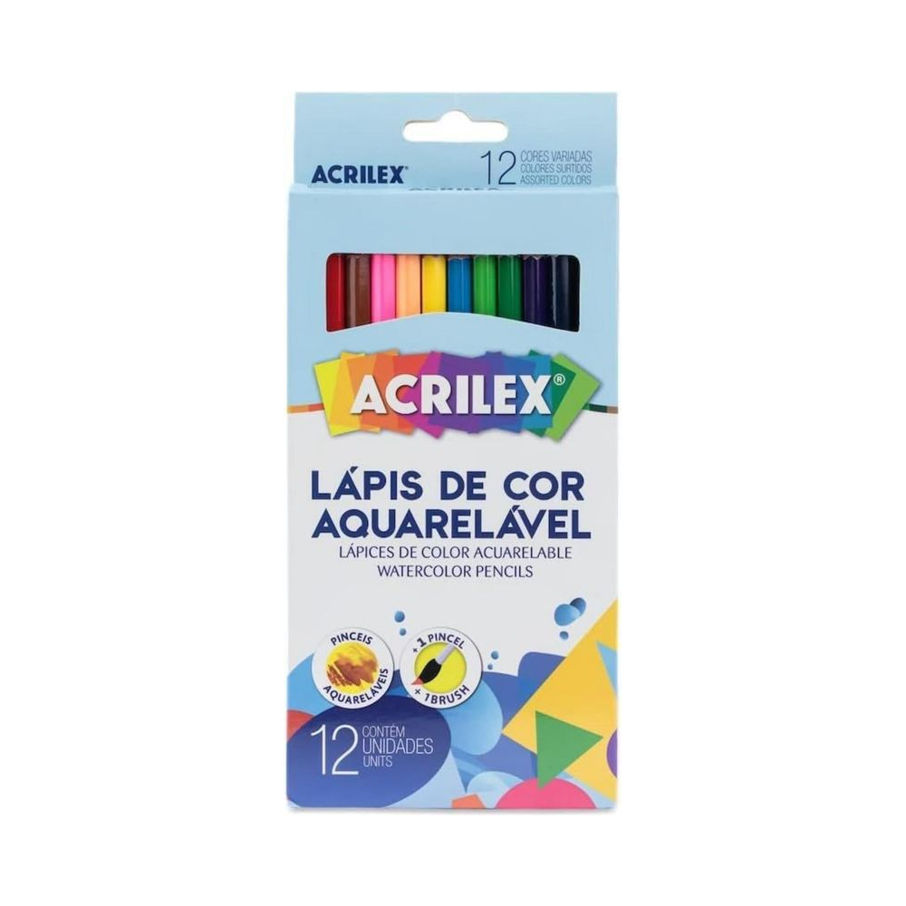 L&aacute;pis de Cor Aquarel&aacute;vel com 1 pincel Acrilex 12 cores