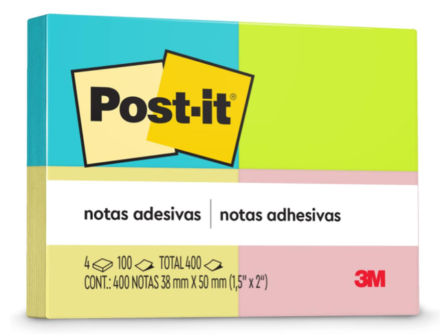Notas Adesivas Post-it 4 blocos 100 folhas cada 38mm x 50mm Cores Sortidas