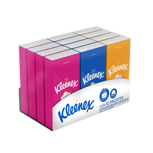 Lenço de Papel Descartável Folha Tripla 21cm x 21cm Kleenex 10 folhas 12 pacotes