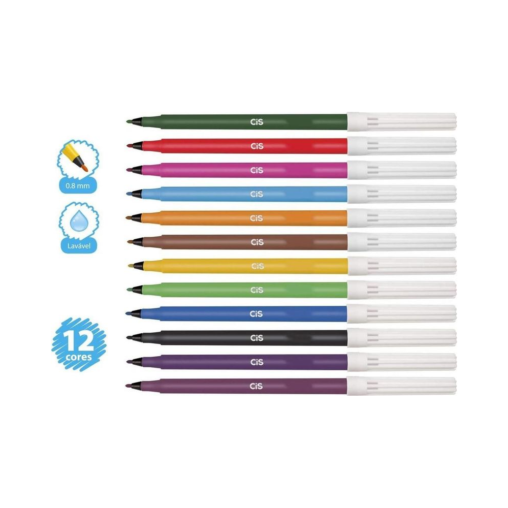 Caneta Hidrogr&aacute;fica 0.8mm CIS 12 cores vibrantes