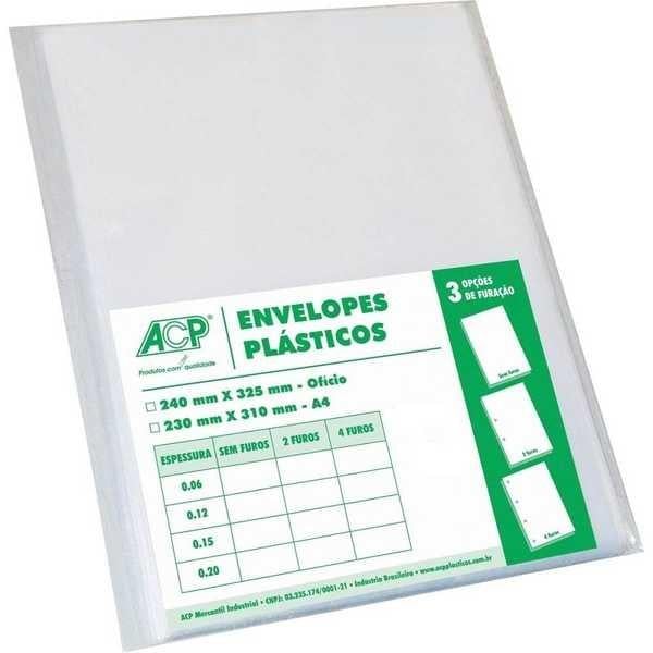 Envelope Plástico 0.06mm 4 furos Ofício ACP Transparente 100 unidades