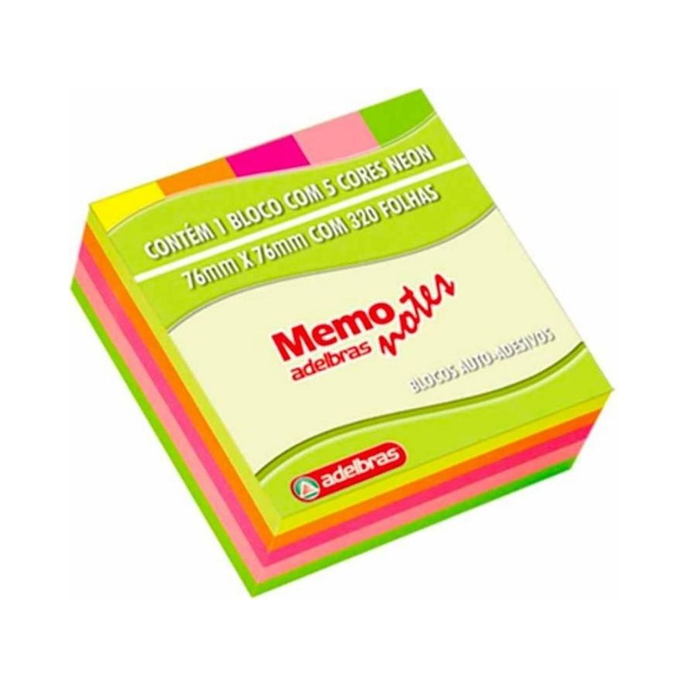 Bloco Adesivo Memo Notes 320 Folhas 76mm x 76mm Adelbras Cores Neon