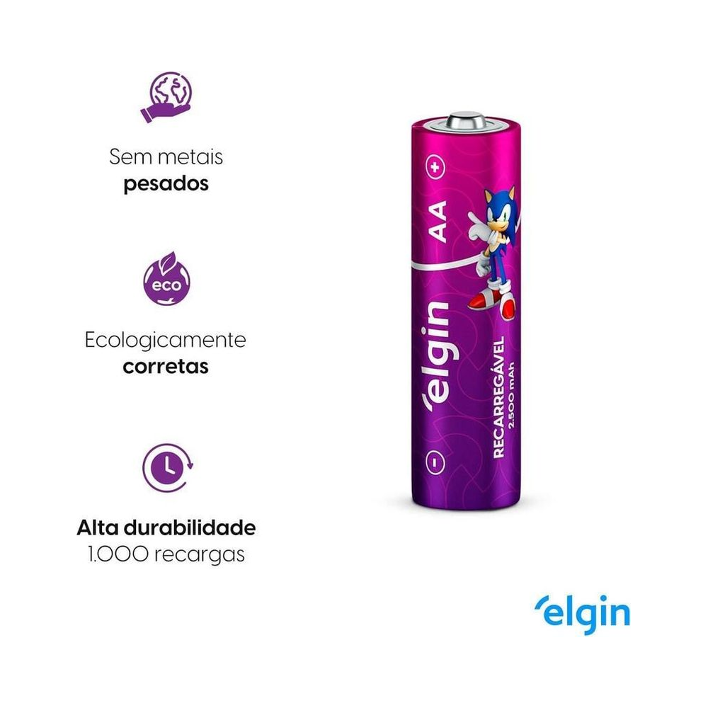 Pilha Recarreg&aacute;vel AA Comum 82173 Elgin 2500mAh 4 unidades