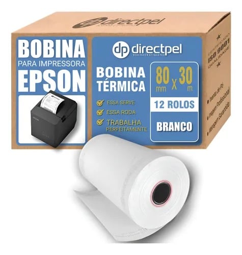 Bobina T&eacute;rmica Impressora Epson TM-T20 80mm Branco Directpel - 12 rolos
