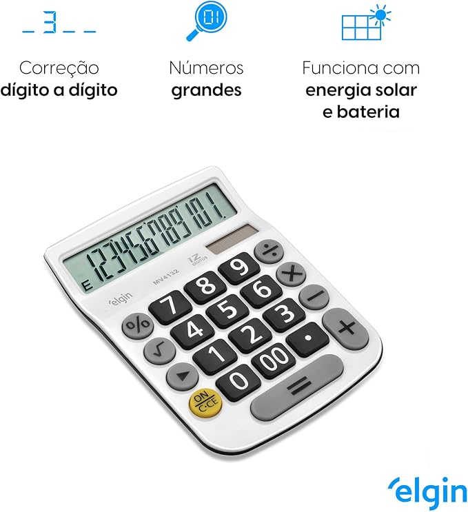 Calculadora Mesa MV 4132 Elgin 12 D&iacute;gitos Visor LCD Solar/Bateria Branca
