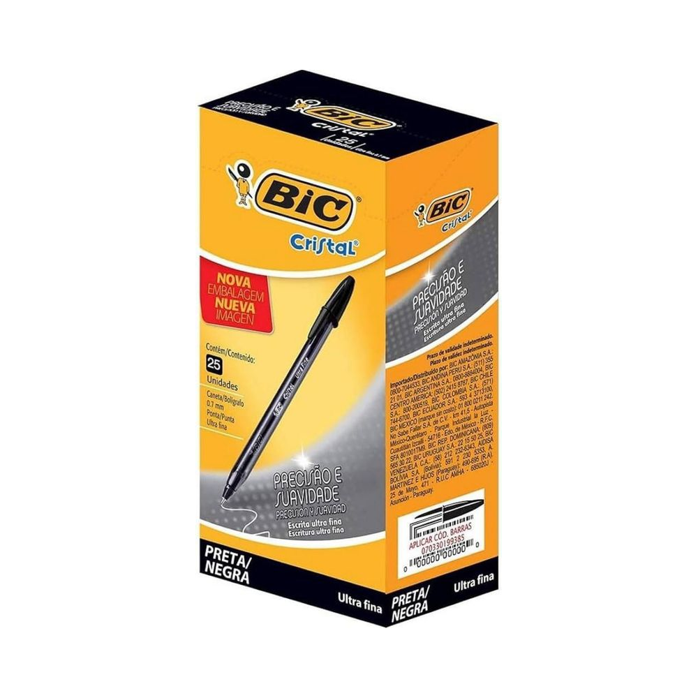 Caneta Esferogr&aacute;fica 0.7mm BIC Cristal Preta 25 unidades