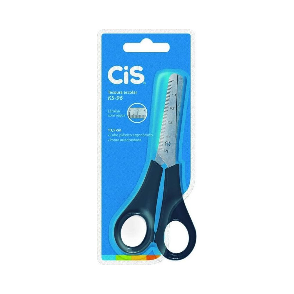 Tesoura Escolar Pl&aacute;stico/Inox Ks96 13,5cm CIS Preto com R&eacute;gua