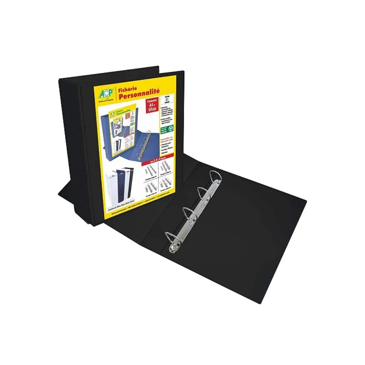 Fich&aacute;rio 4 Argolas Preto A4 265x315x60mm com Revest 3364PR ACP