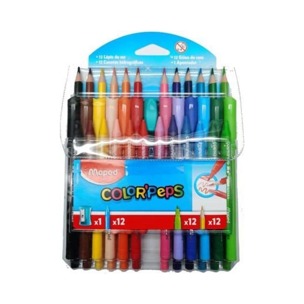 Kit Escolar com 12 L&aacute;pis de Cor 12 Canetas hidrogr&aacute;ficas 12 gizes de cera 1 apontador Maped