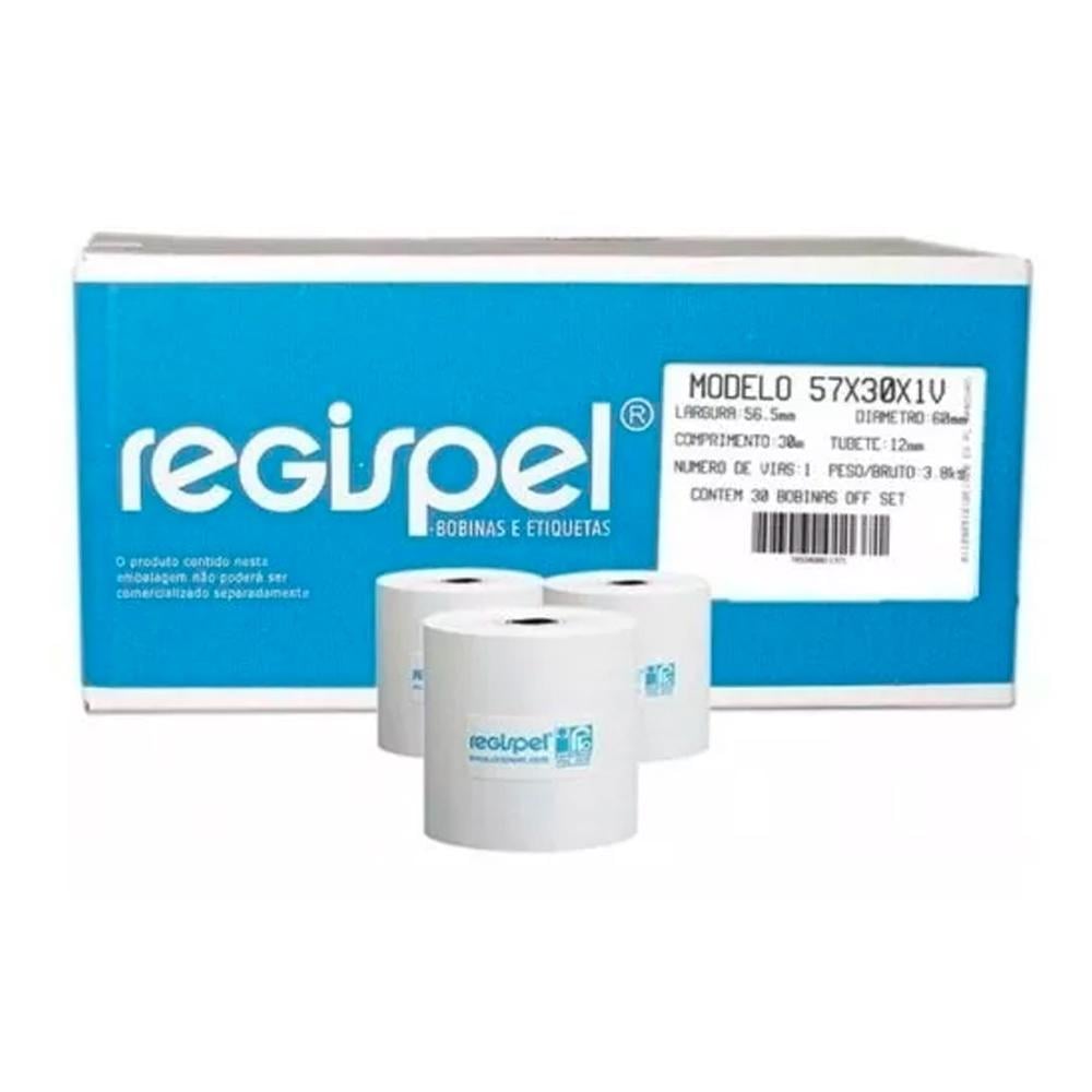 Bobina de papel t&eacute;rmico 57x30 para mini impressora Caixa com 30 un Regispel