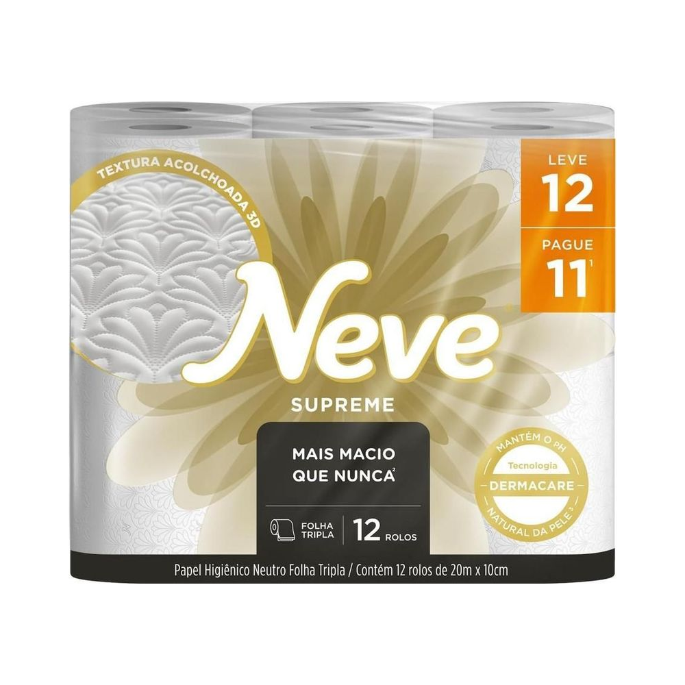 Papel Higi&ecirc;nico Folha Tripla Neutro 10cm x 20m Neve Supreme 12 rolos
