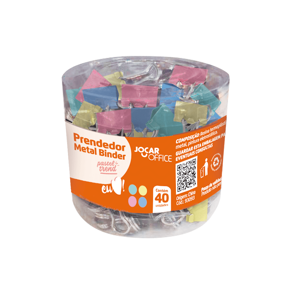 Prendedor Metal Binder 19mm Jocar Office Colorido com 40 unidades