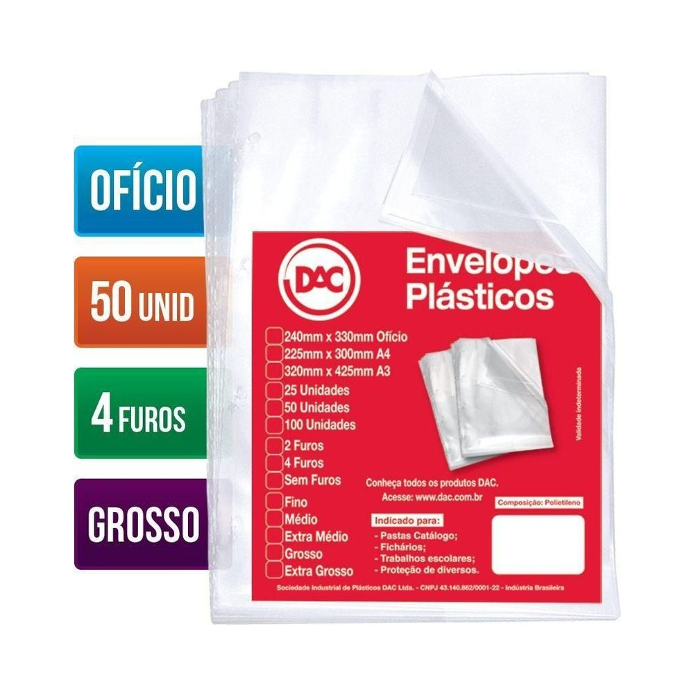 Saco Pl&aacute;stico 4 Furos Dac Grosso 50 un