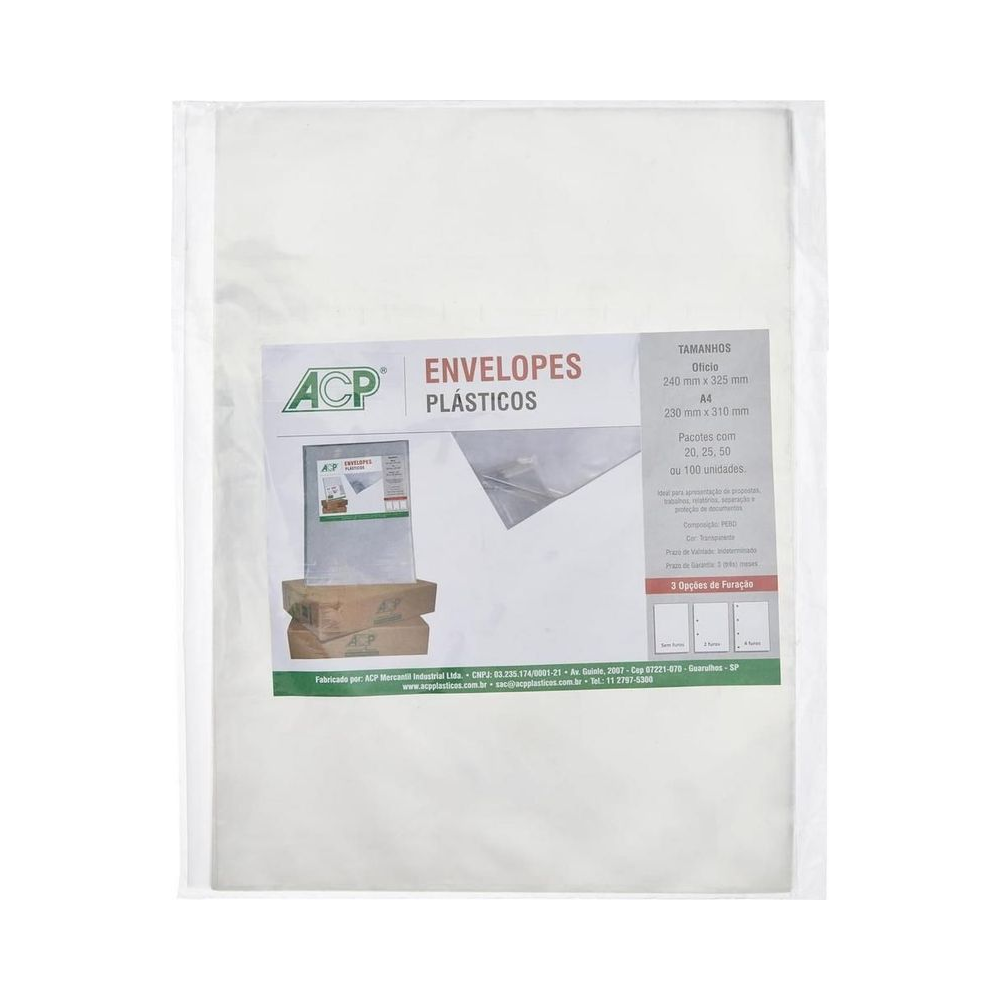 ENVELOPE SACO PLASTICO OFICIO 24X32CM 4 FUROS MEDIO C/ 50 UNIDS ACP