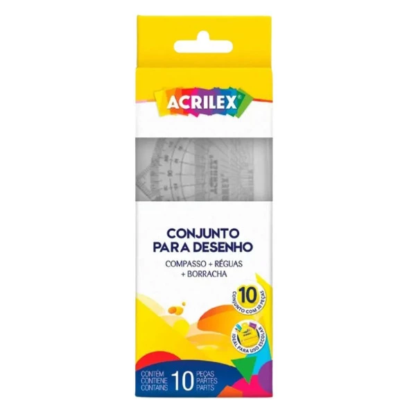 Conjunto Para Desenho Geom&eacute;trico Acrilex 10 Pe&ccedil;as com Compasso R&eacute;gua Esquadros Transferidor 180&deg; e Lapiseira