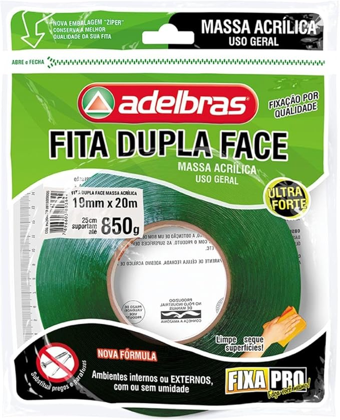 Fita Dupla Face Adelbras Fixa Pro Massa Acr&iacute;lica 19mm x 20m Verde