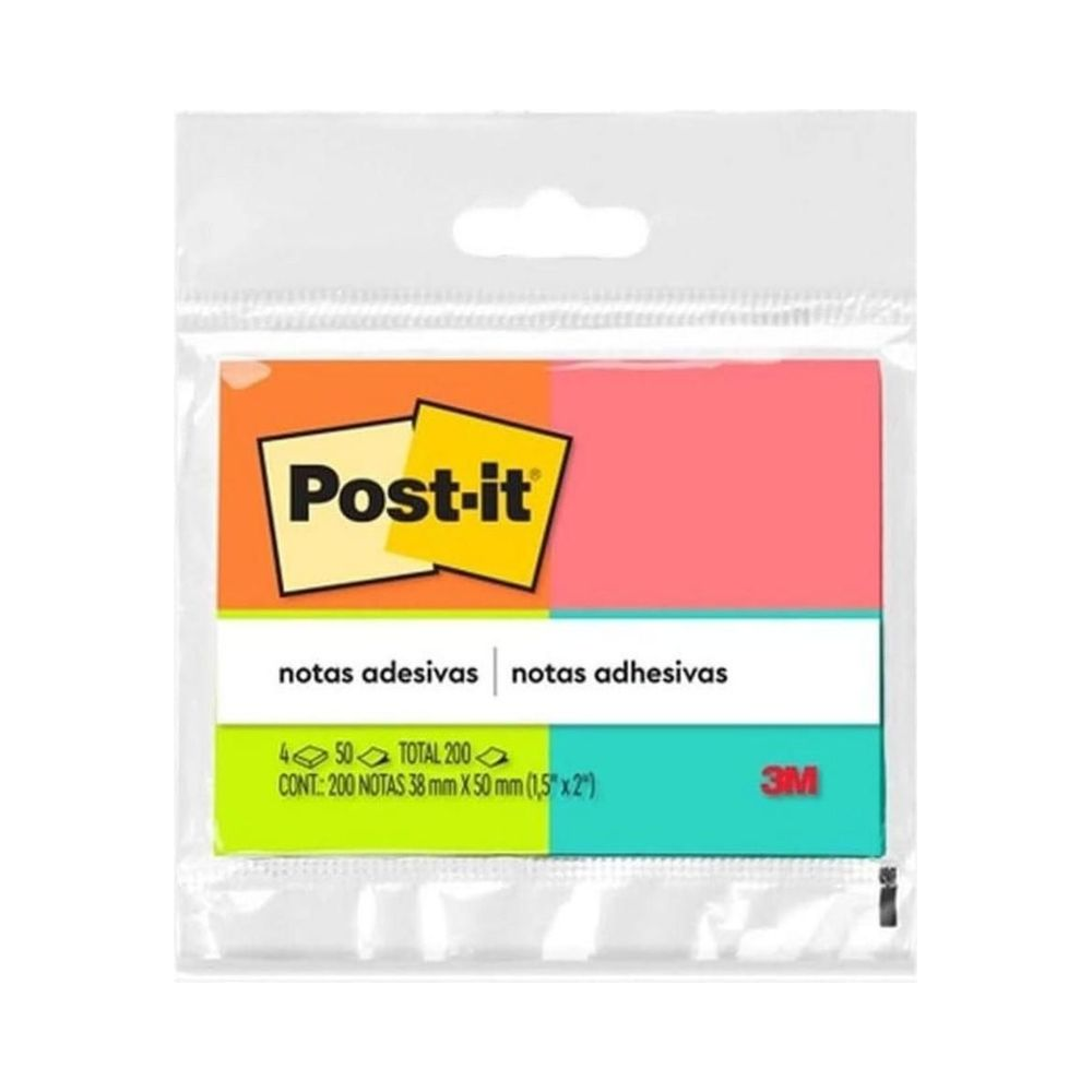 Notas Adesivas Post-it 4 blocos 50 folhas cada 38mm x 50mm Cor Tropical