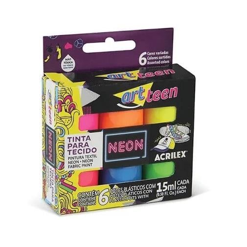 Tinta para Tecido Neon Acrilex 6 cores 15ml cada