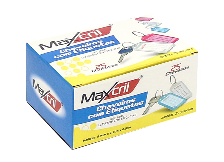Chaveiro com Etiquetas Maxcril 5.9cm x 2.7cm x 0.5cm 25 Unidades Cores Sortidas