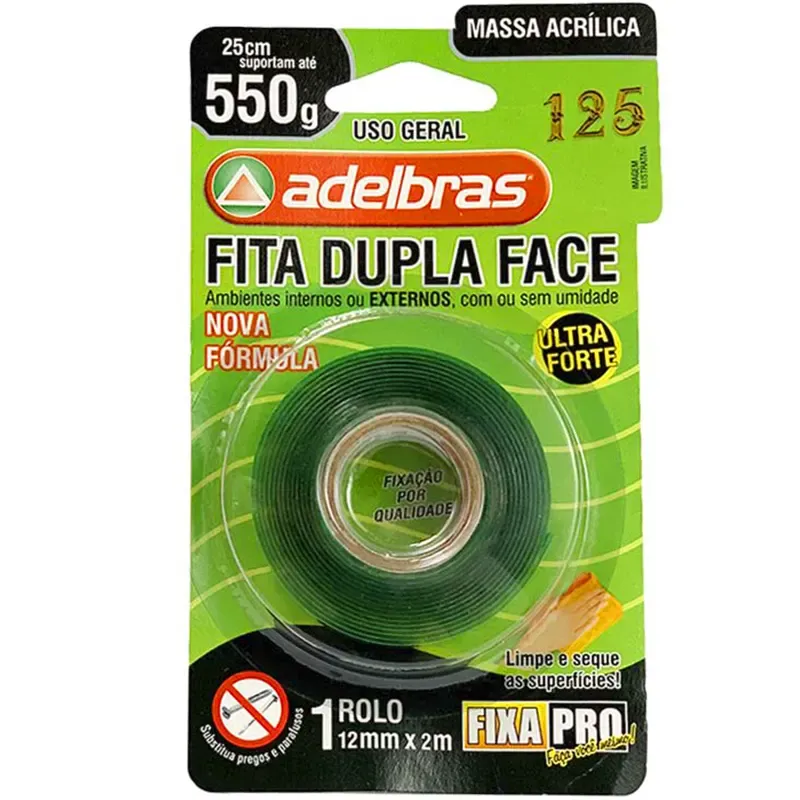 Fita Dupla Face Adelbras Massa Acr&iacute;lica 12mm x 2m Verde