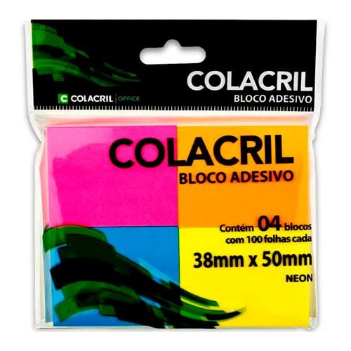 Bloco Adesivo Colacril 4 blocos 100 folhas 38mm x 50mm Cores Neon