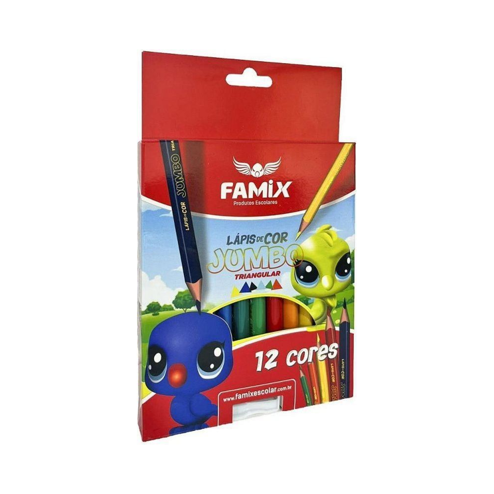 L&aacute;pis de Cor Jumbo Triangular 12,5 cm 12 Cores - Famix