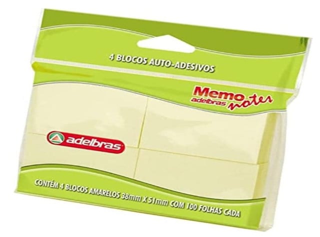Bloco Autoadesivo Memo Notes Adelbras 4 blocos com 100 folhas 38mm x 51mm Amarelo