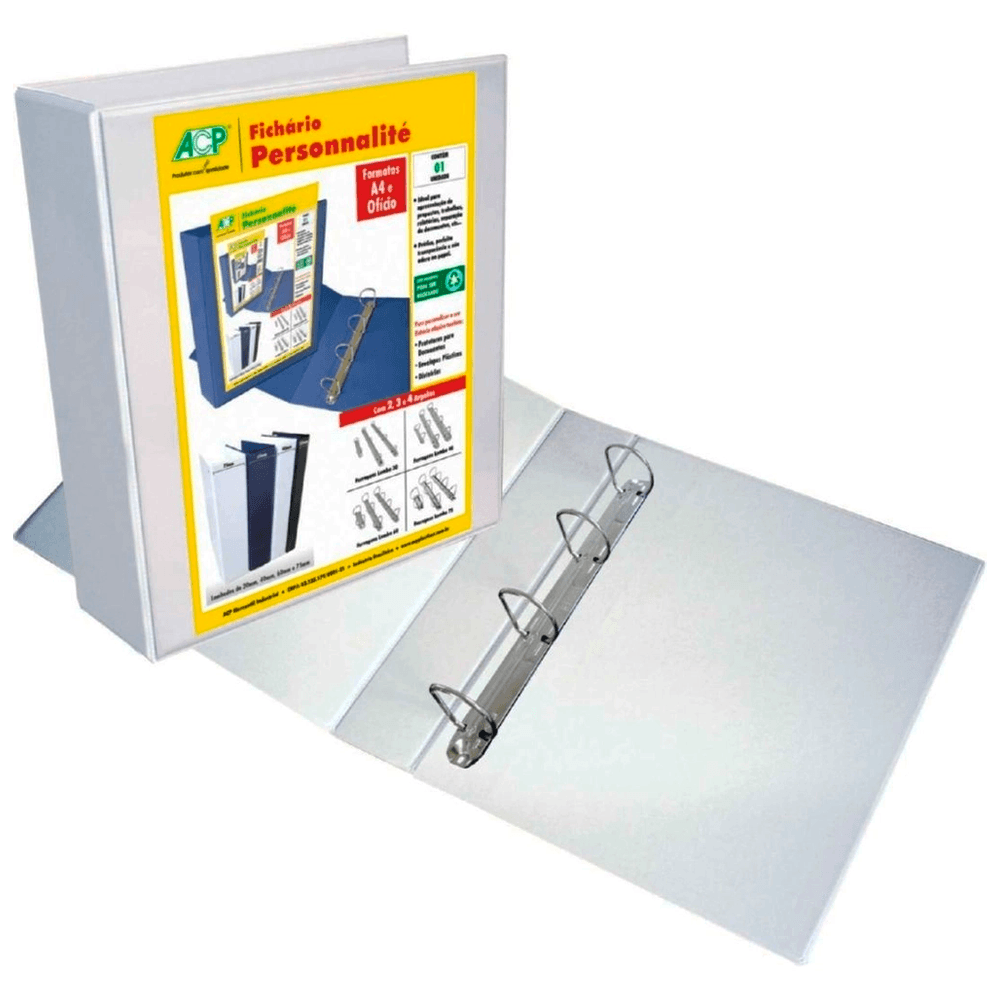 Fich&aacute;rio Personnalit&eacute; 4 argolas ACP 265mm x 340mm x 75mm Branco Unit&aacute;rio