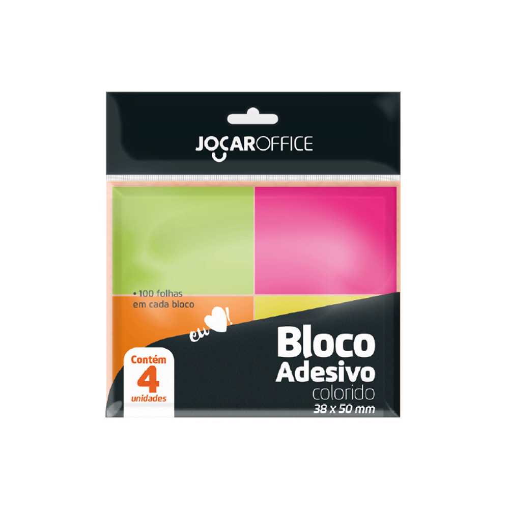 Bloco Adesivo Colorido 38mm x 50mm Jocar Office 4 blocos 100 folhas