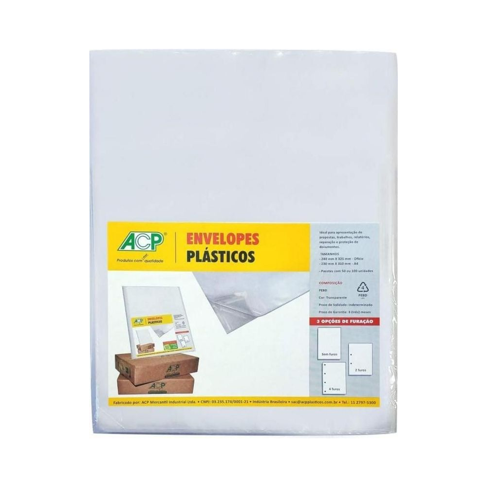 Envelope Pl&aacute;stico A4 4 furos Medio 0,12 230 mm x 310 mm - ACP