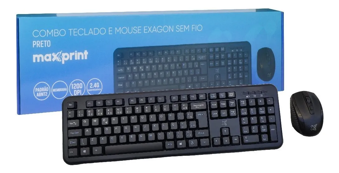 Kit Teclado e Mouse Exagon 1 Maxprint Sem Fio 2,4GHz Preto ABNT2 1200DPI