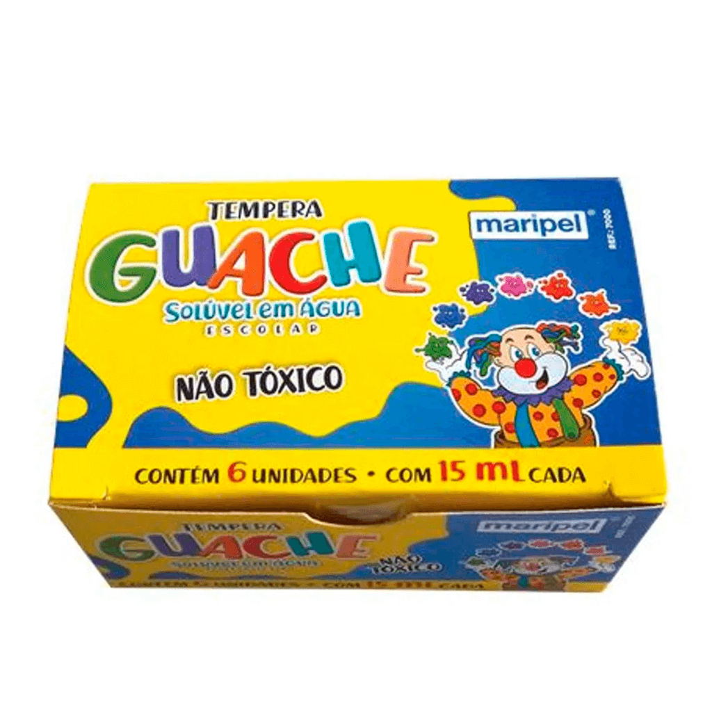 Tinta Guache Sol&uacute;vel em &Aacute;gua Escolar Maripel 6 Unidades com 15ml Cada