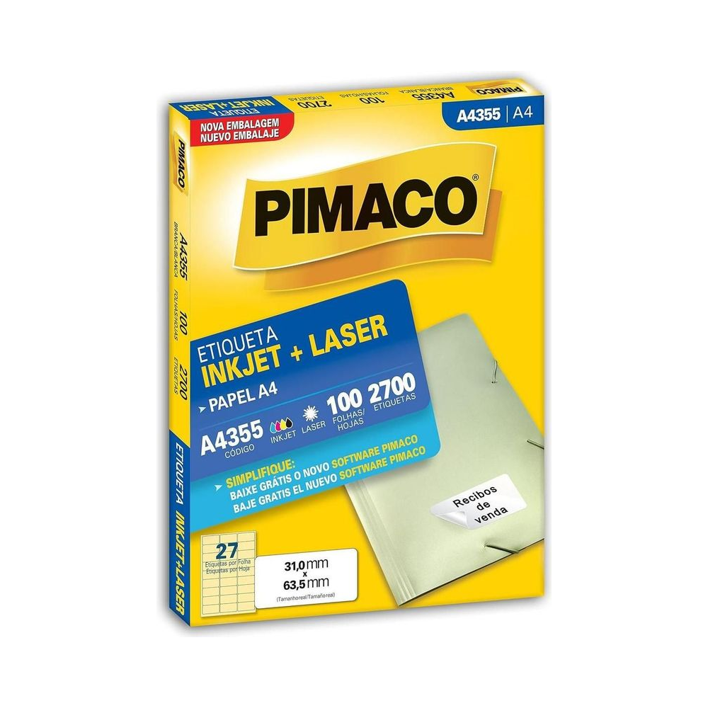 Etiqueta Inkjet Laser 31x63.5mm Pimaco A4 Branco 100 folhas