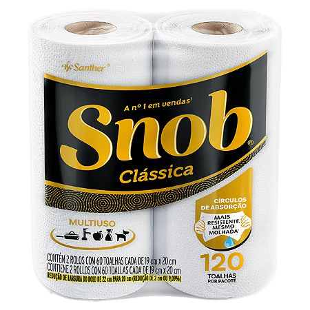Toalha de Papel 19cm x 20cm Snob Cl&aacute;ssica 2 rolos de 60 toalhas