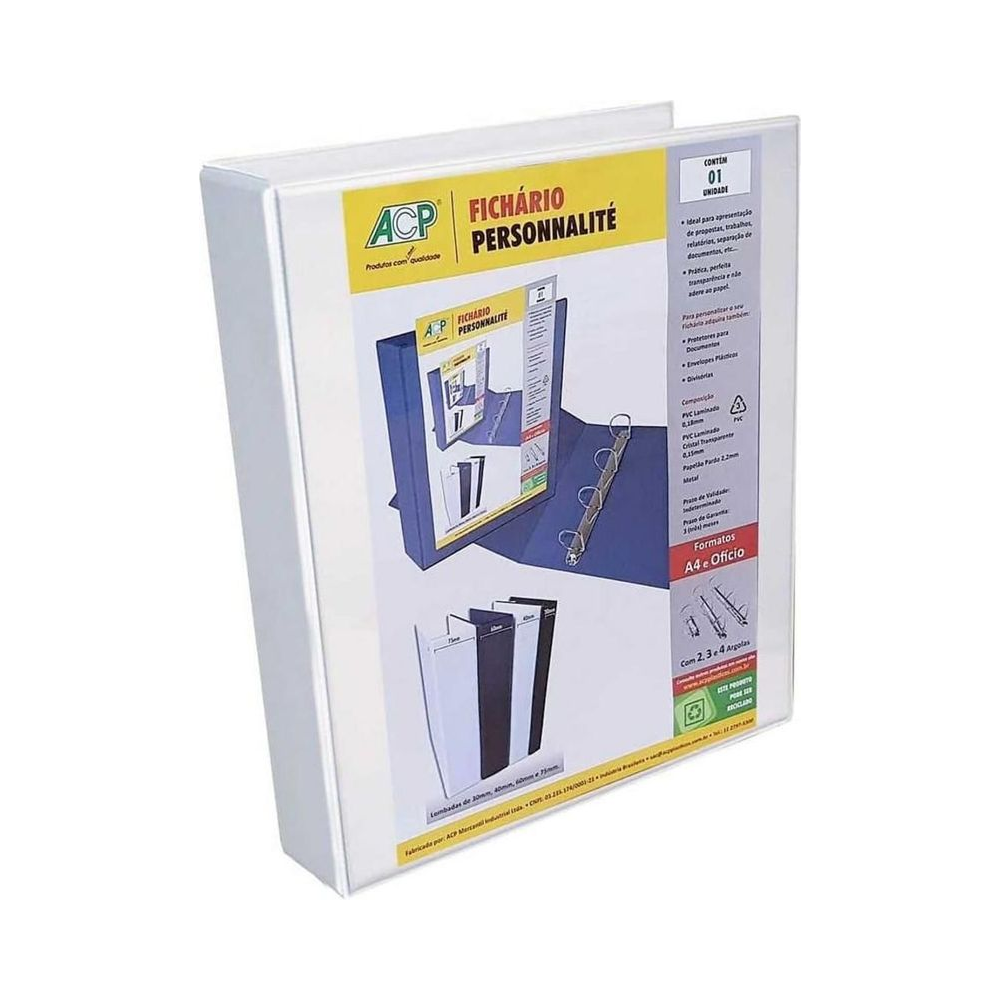 Fich&aacute;rio Personnalit&eacute; 40mm Of&iacute;cio 4 argolas ACP Branco 340mm x 255mm x 40mm