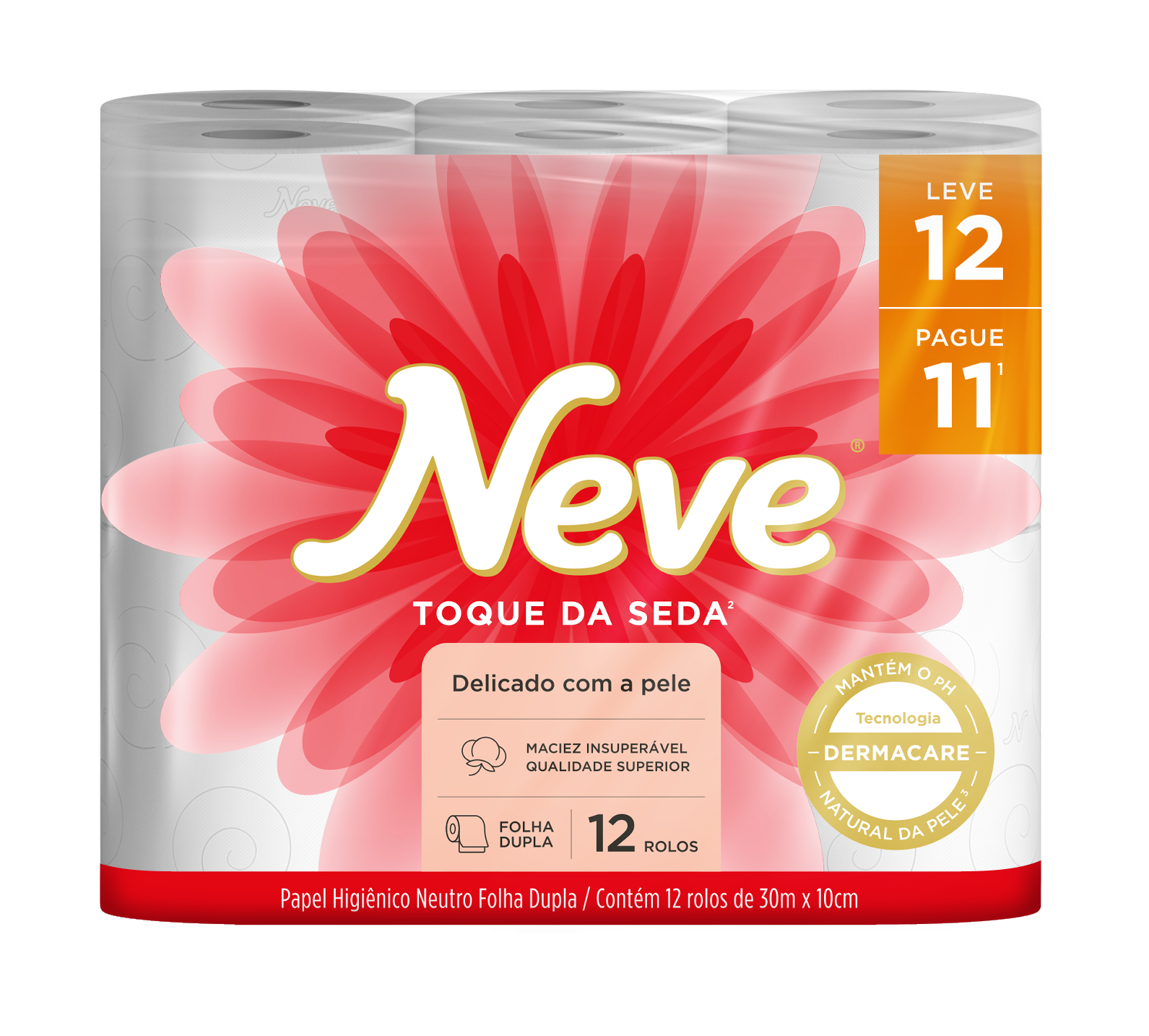 Papel Higi&ecirc;nico Neve Toque de Seda Folha Dupla Leve 12 Pague 11 30M