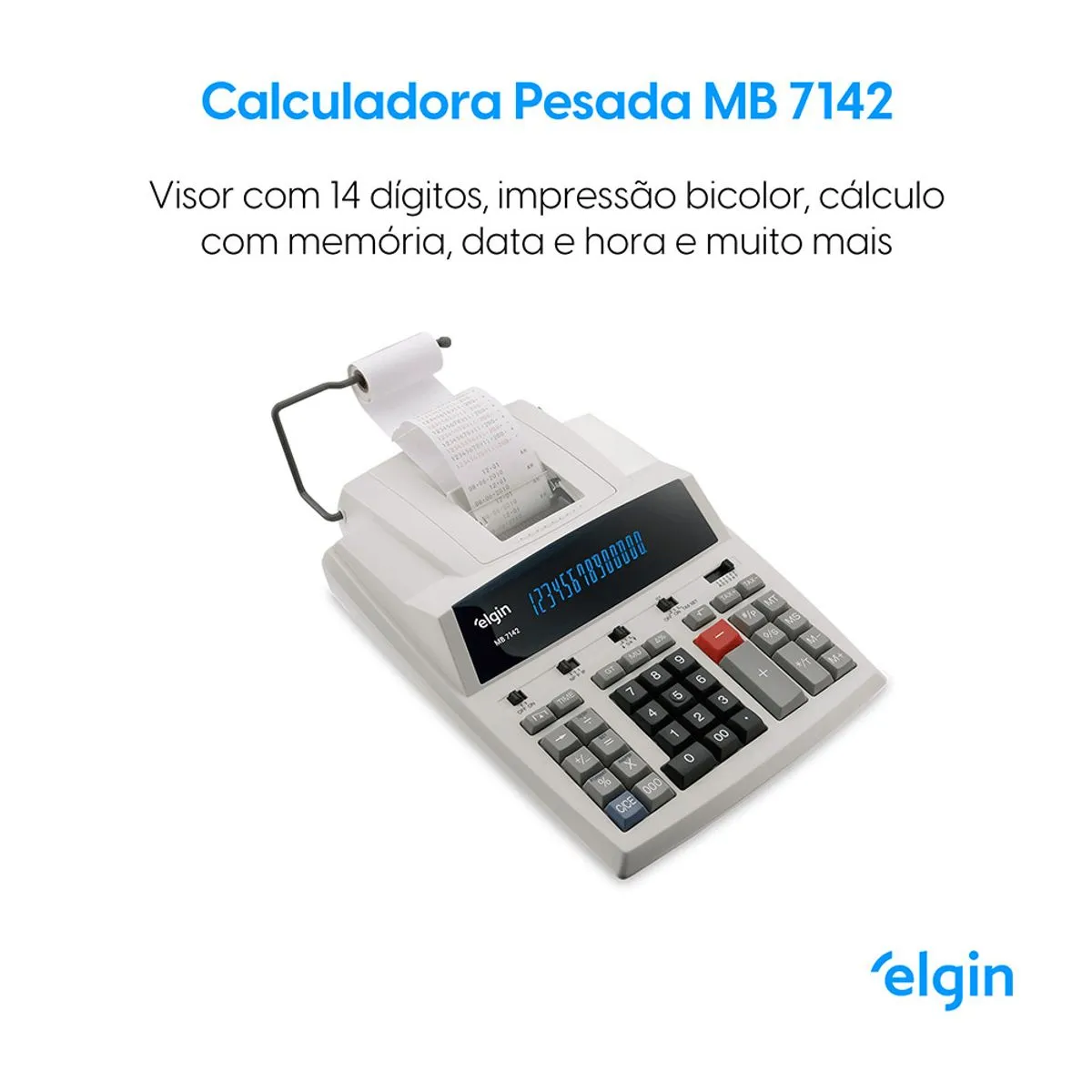 Calculadora Impress&atilde;o MB 7142 Elgin 14 D&iacute;gitos Bivolt Rel&oacute;gio Calend&aacute;rio Visor Fluorescente