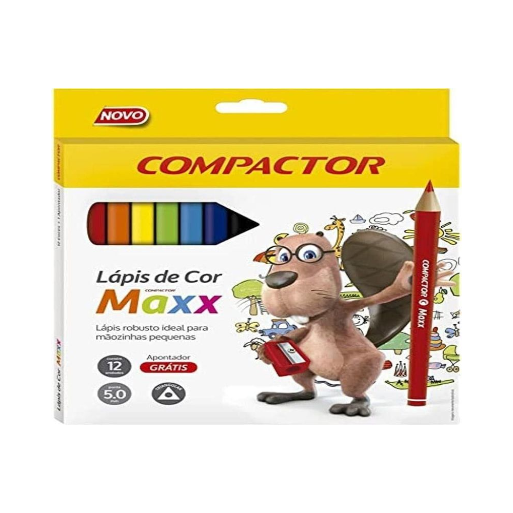 L&aacute;pis de Cor Triangular 5.0mm com Apontador Maxx Compactor 12 cores