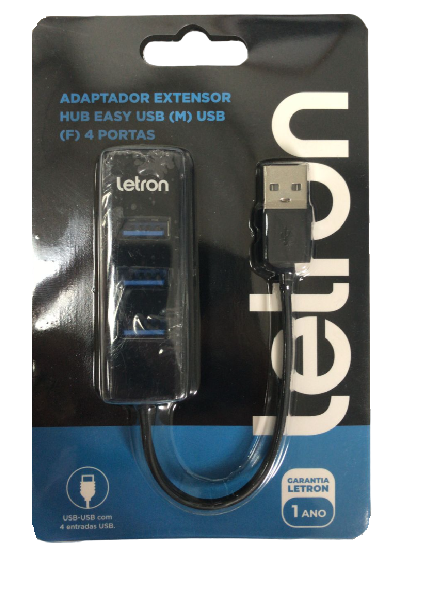 Adaptador Conversor HUB USB 4 portas Letron Preto Unitário