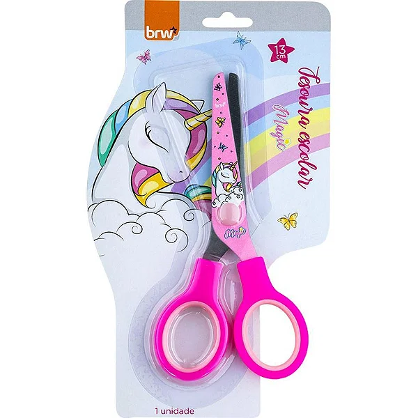 Tesoura Escolar A&ccedil;o Inox 13cm BRW Rosa Decorada