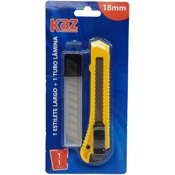 Estilete Largo 18mm com 5 L&acirc;minas Kaz Corpo Termopl&aacute;stico Inox