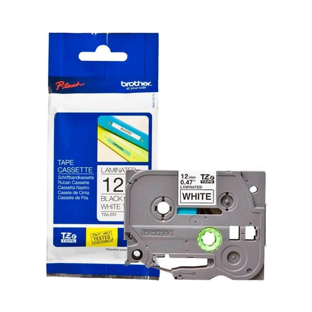 Fita para Rotulador Laminada TZE231 Brother Preto e Branco 12mm 8m