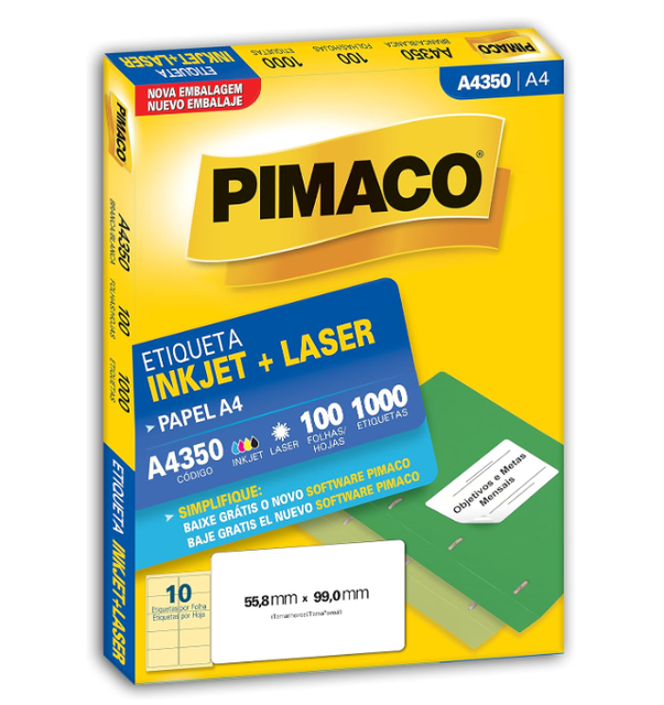 Etiqueta Inkjet Laser A4350 Pimaco A4 100 folhas 55.8mm x 99.0mm