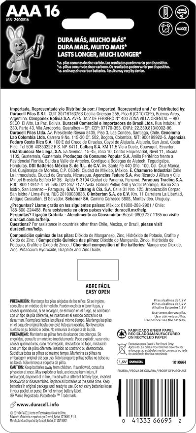 Pilha Alcalina AAA Duracel 16 un