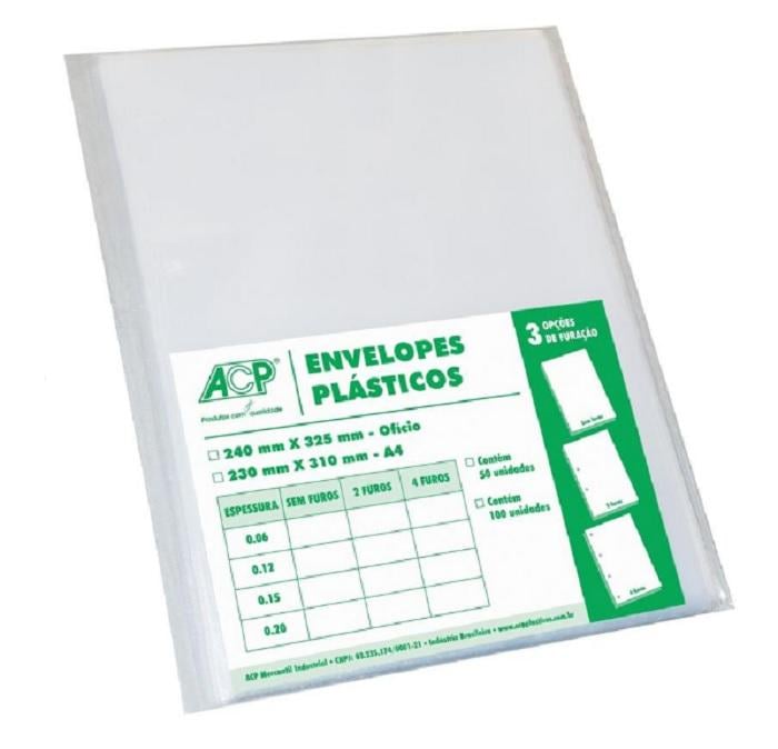 Envelope Saco Pl&aacute;stico Of&iacute;cio 4 Furos ACP Transparente 100 unidades