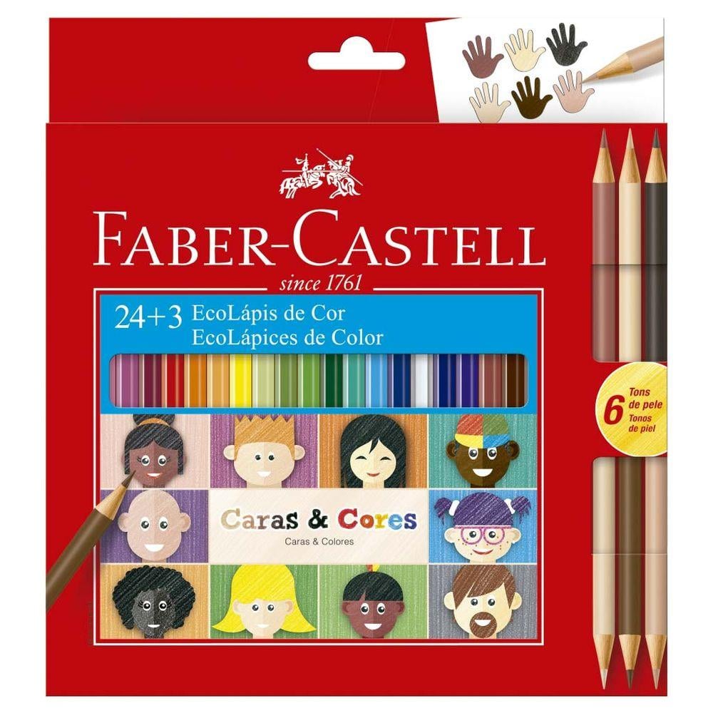 L&aacute;pis de Cor Sextavado Caras e Cores Faber-Castell 24 cores 3 l&aacute;pis tons de pele