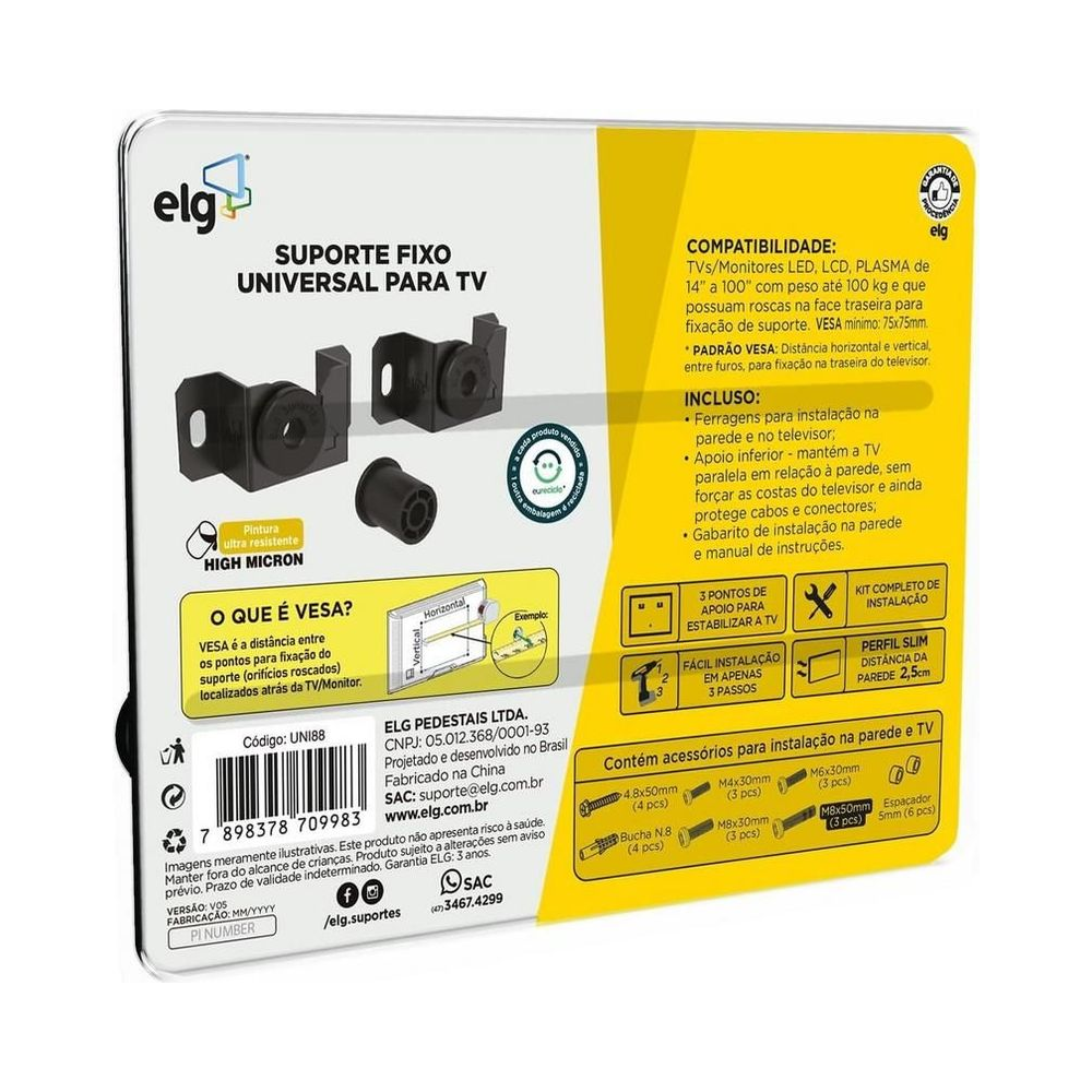 Suporte Fixo Universal para TV 14 a 100 UNI88 ELG Preto