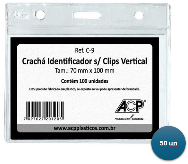 Crach&aacute; Identificador Sem Clips Horizontal Flex&iacute;vel ACP Cristal 100mm x 70mm - 50 un