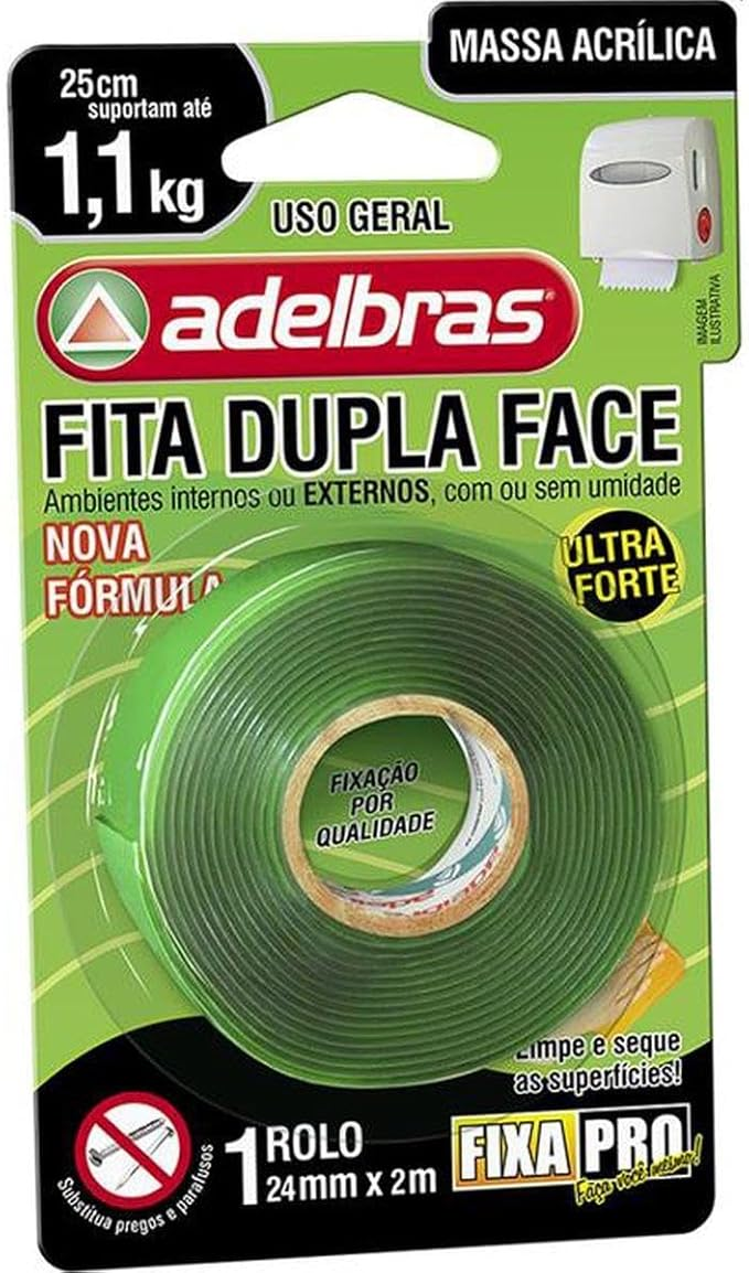 Fita Dupla Face Adelbras Fixa Pro Massa Acr&iacute;lica 24mm x 2m Verde