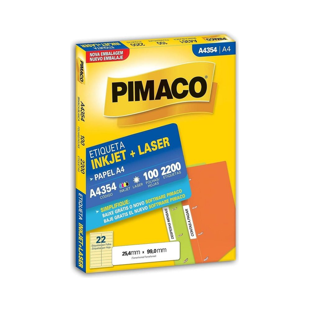 Etiqueta Inkjet Laser 25,4mm x 99,0mm Pimaco A4 Branco 100 folhas